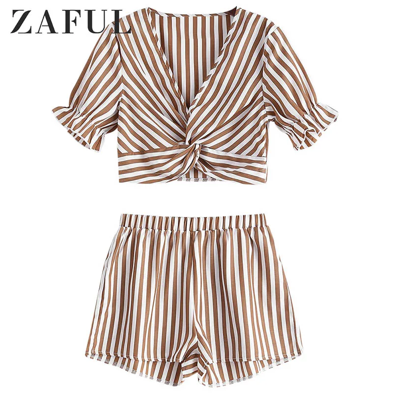 

ZAFUL Women Sets Twist Front V Neck Short Sleeve Striped Crop Top Elastic Waist Shorts Set Summer Two-Piece Suit Boho Clothing