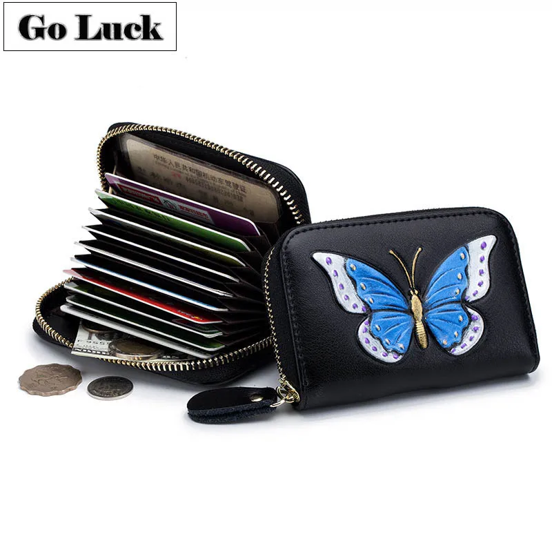 Бренд GO-LUCK, натуральная кожа, 12 бит, на молнии, RFID, держатель кредитной карты, кошелек, Женский чехол для визиток, кошельки с гравировкой бабочки