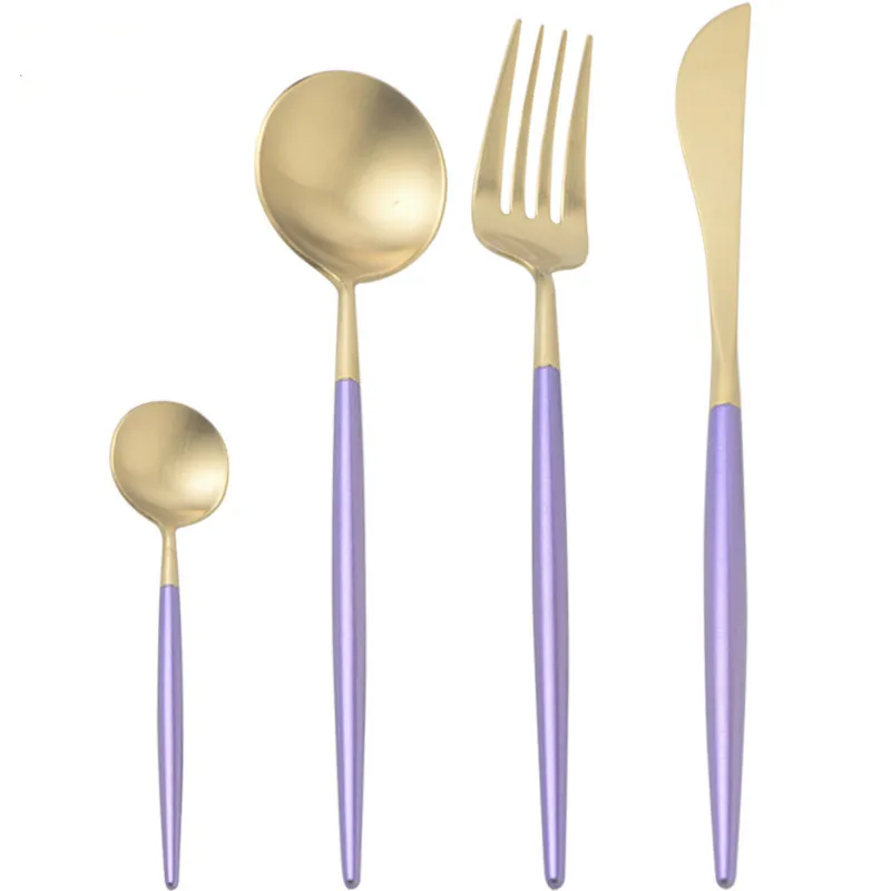 Столовый набор из 304 нержавеющей стали, столовая посуда с фиолетовой ручкой, золотой набор серебряных изделий, вилка, нож, ложки, столовые приборы, набор домашней посуды