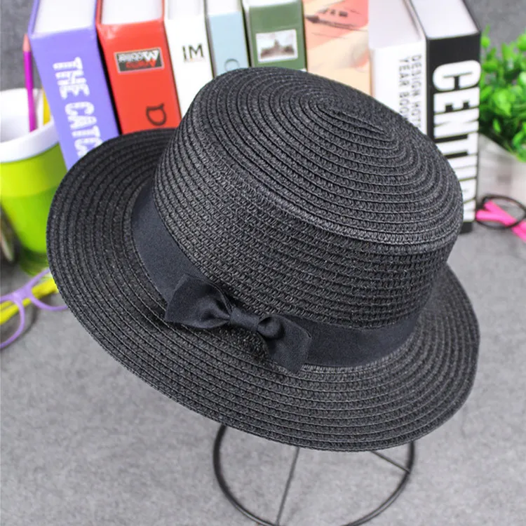 Black Simple Summer Adult Beach Sun Hat Female Casual Panama Hat Lady Brand Women Flat brim Bowknot Straw Cap Glris Sun Hat - Цвет: Black