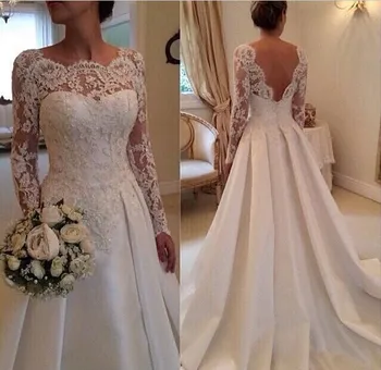 

2015 lace Wedding Dress appliques New Model Long Sleeves With Satin Skirt Wedding Gowns new hot sexy backless