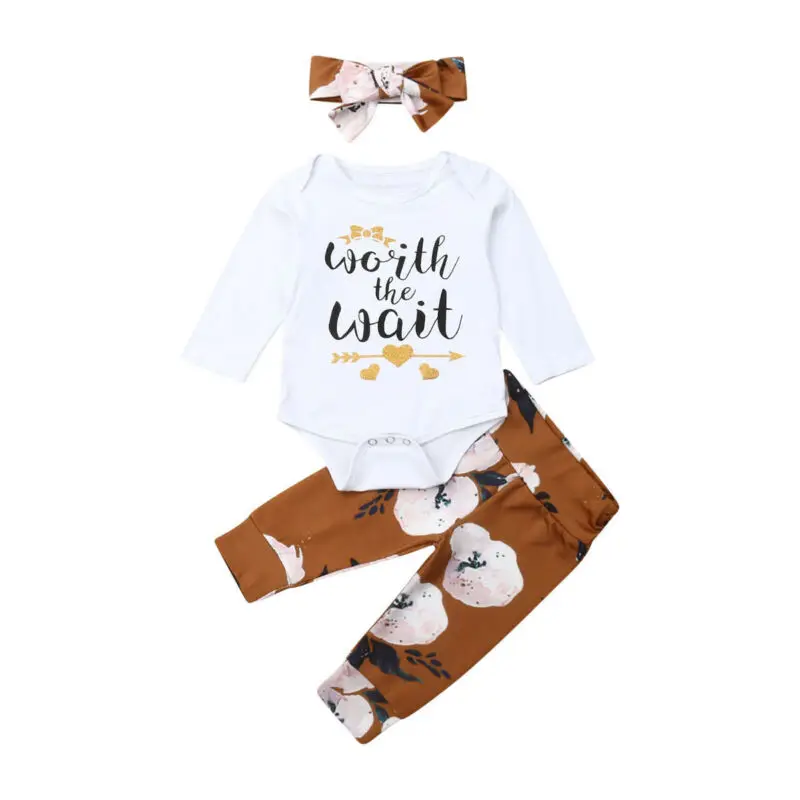 

3pcs Newborn Kid Baby Girls Boys Outfits Clothes Letter Romper Tops +Flowers Long Pants+Headband 0-24M