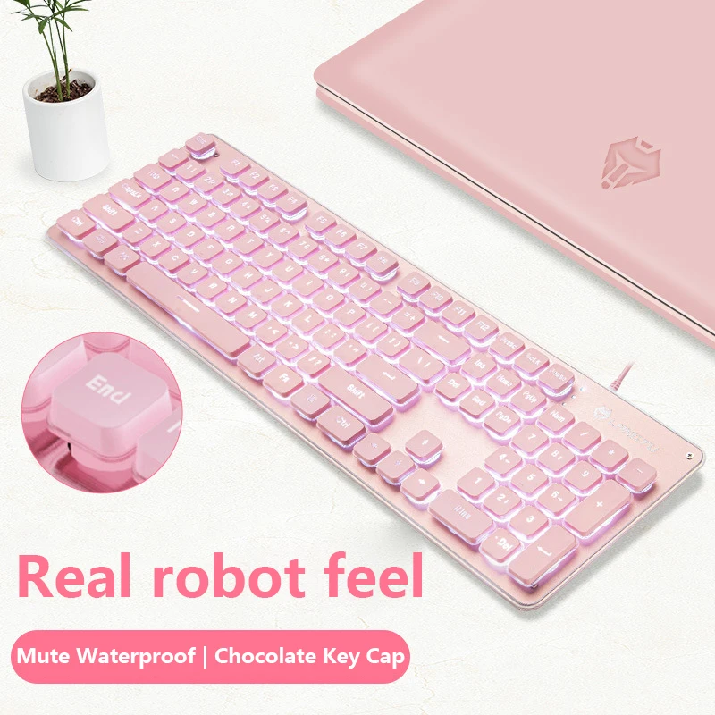 Игровая клавиатура RGB с мышью в комплекте розовая Бесшумная пленка милые