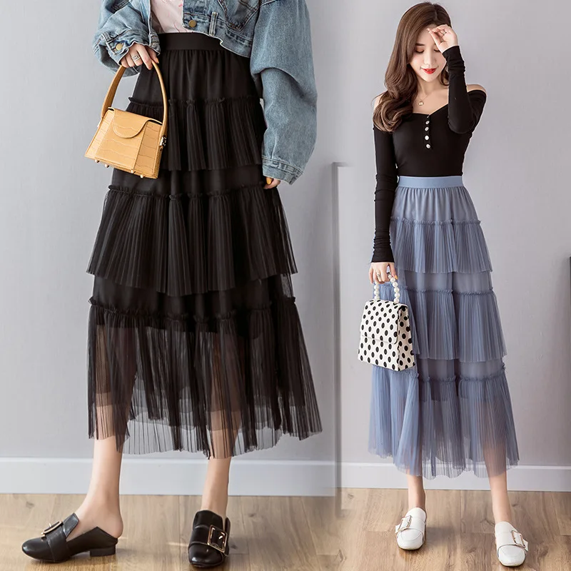 

2019 Spring Clothing New Style Korean-style Gauze Cake Dress Elastic Waist Mid-length High-waisted Fairy Elegant Skirt