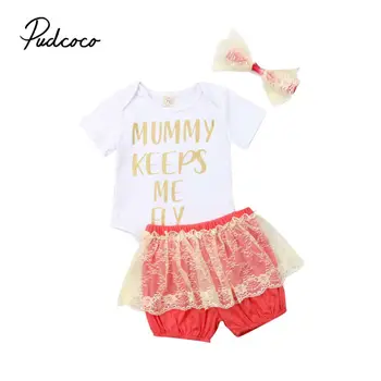 

Brand Babys Clothes Toddler Infant Baby Girls Mom Let Me Fly Printed Bodysuit Tops+Lace Design Shorts 3pcs Summer Clothes