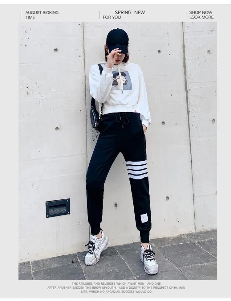 BIVIGAOS Four Bars Cotton Gray Sport Pants Women New Korean Casual Sweatpants Slim Joggers Pants Spring Autumn Sweat Pants