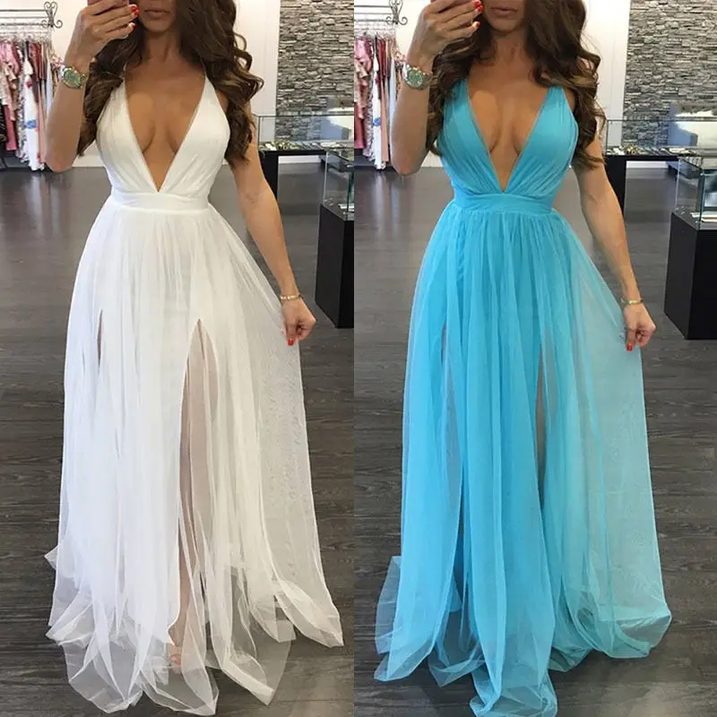 

New Sexy Hot Sale deep V-neck Women Sundress Long Dress Beach Dress Summer Long sexy Evening Party tulle Dress Beach Dresses