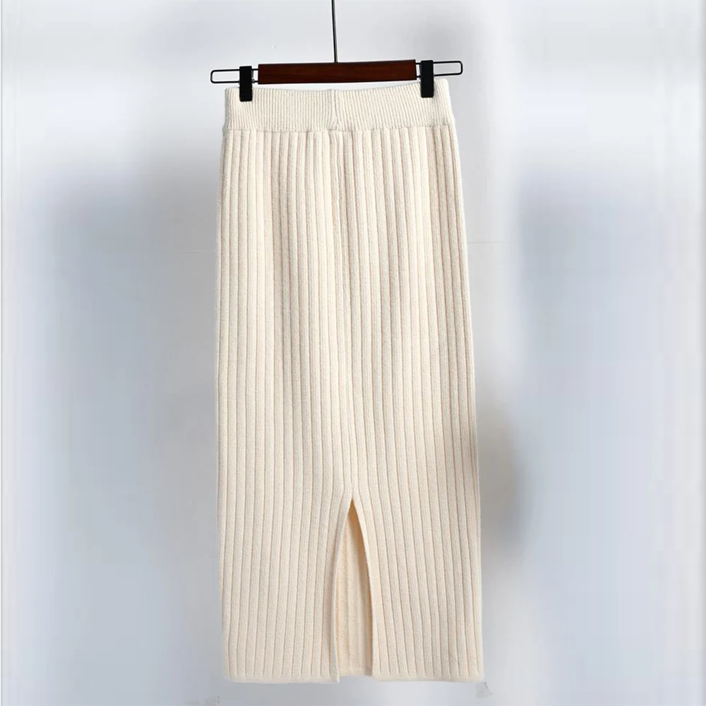 Эластичные женские юбки, осенняя зимняя теплая трикотажная юбка с высокой талией, юбка-карандаш средней длины в рубчик - Цвет: Бежевый