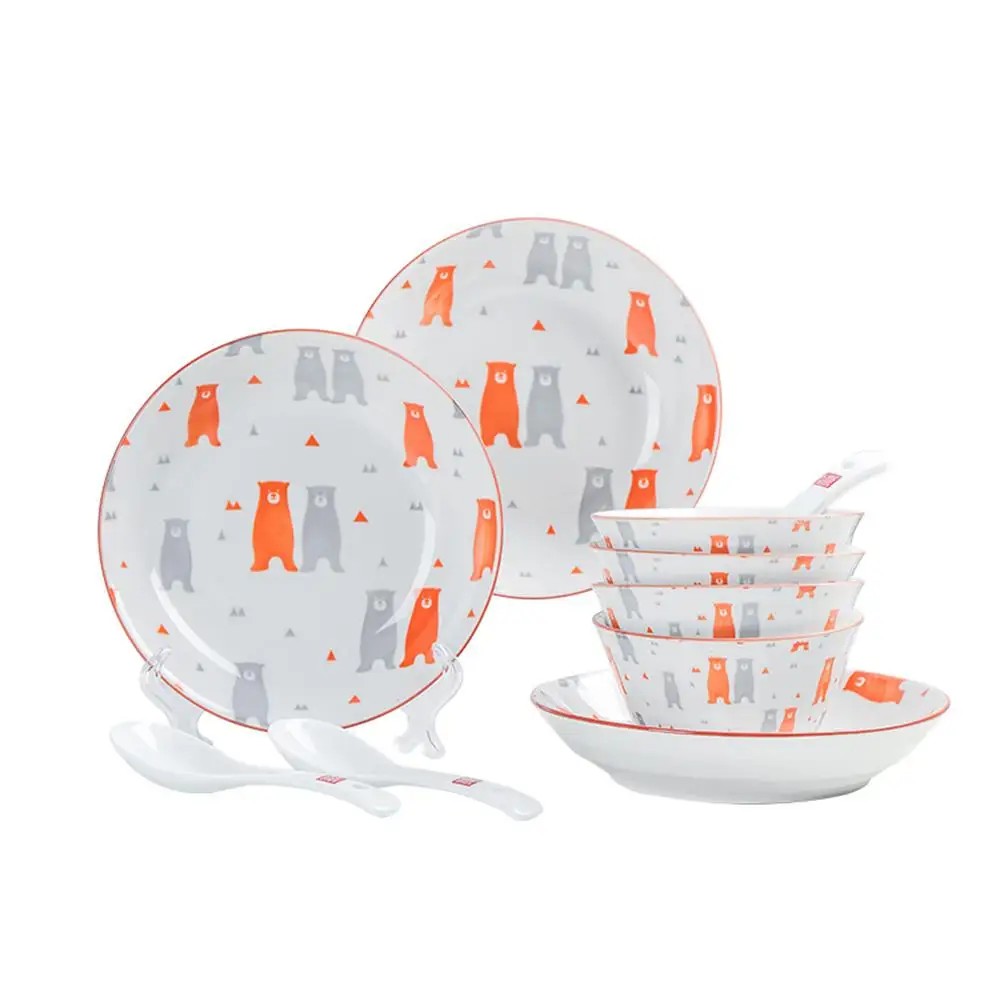 

Adeeing 12Pcs/Set Cute Cartoon Bear Pattern 4.5in Bowls 7in Plates Small spoon Ceramic Tableware Set