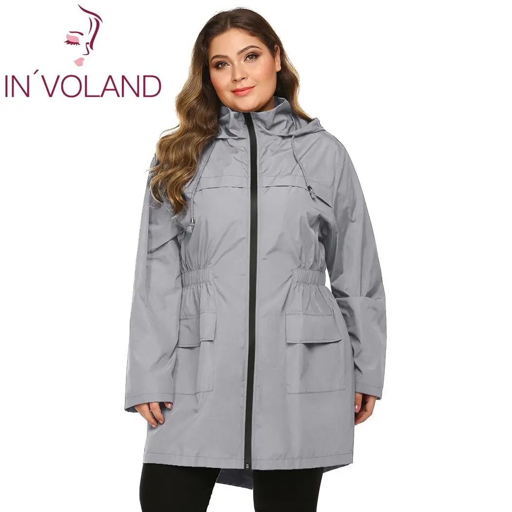 

IN'VOLAND Women Coat Plus Size Casual Hooded Windbreaker Lightweight Solid Long Sleeve Zip Up Coat Female Jacket Outwear