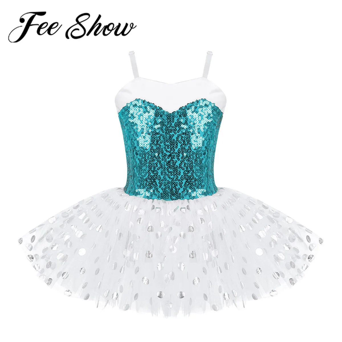 

Kids Girls Sequins Glitter Ballet Dance Gymnastics Leotards Mesh Tutu Dress Adjustable Shoulder Straps Skirt Ballerina Costumes