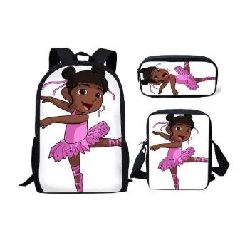 

Children 3pcs School Bags Set for Kids Black African Little Afro Girl Printing Schoolbag Cute Ballet Dancer Bookbag
