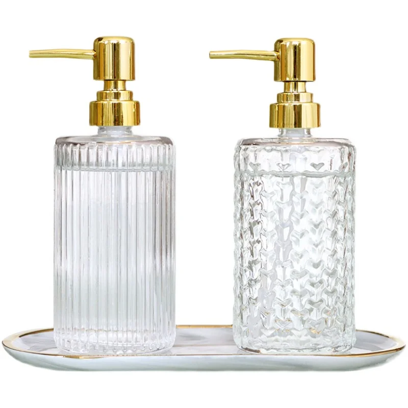 400ml Glass Lotion Hand Sanitizer Bottle Stripe Pump Head Gold Push Body And Soap Liquid Bathroom Storage_voghion.com