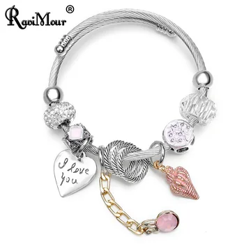 

RAVIMOUR Steampunk Love Bangles Bracelets Jewelry Sea Shell Charms Cuff Bracelet Femme Fashion Steel Wire Chain Jewelry 2018 New