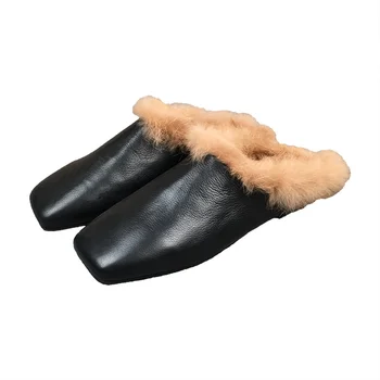 

Women's slippers flat bottom non-slip real leather fashion rabbit fur warm square toe spring autumn casual slippers women shoes