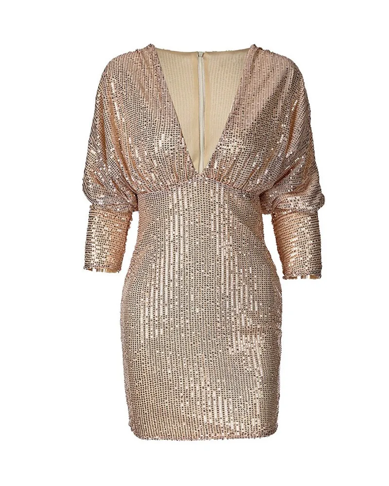 Women Gold Sequin Glitter Bodycon Mini Dress With Long Sleeve And Dvvp v Plunge Neckline