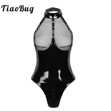 TiaoBug/пикантные боди из лакированной кожи; цельный купальник для женщин; без рукавов; ажурный бюст; монокини с хомутом; на молнии; открытый промежность; купальник