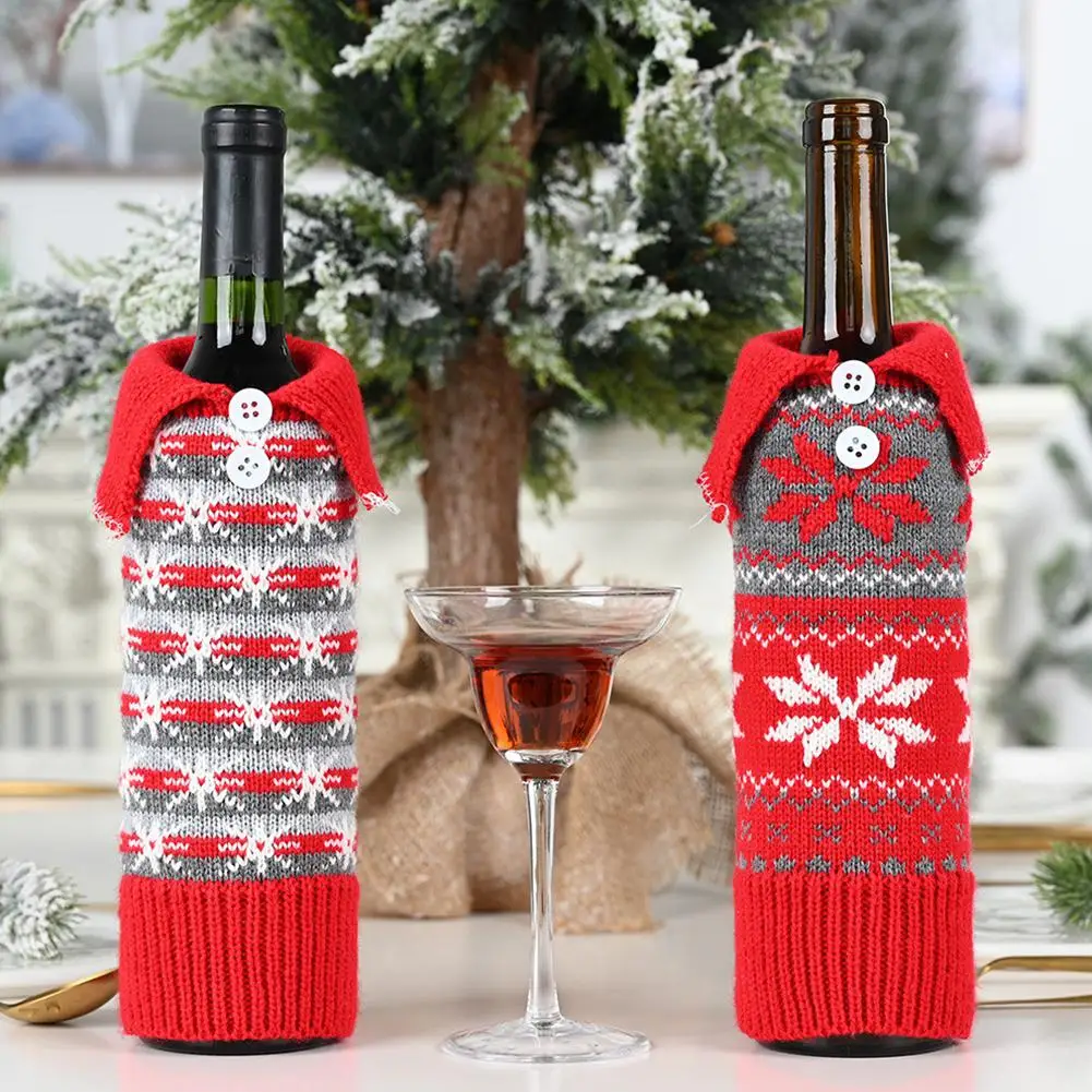 

GloryStar 1PC Christmas Button Snowflower Pattern Red Wine Bottle Cover for Dinner Party Table Decor