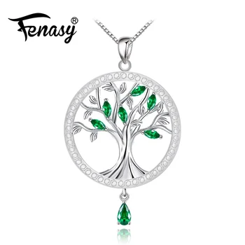 

FENASY Life Tree Necklaces For Women New Trendy Green Crystal 925 Sterling Silver Tree Of Life Round Pendant Fine Jewelry