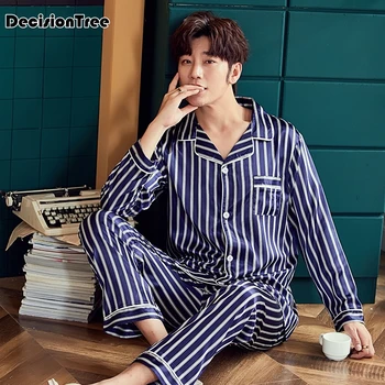 

2020 pijamas pijama hombre long sleeve long pant pajama set men striped printed satin silk pyjama men sleepwear pijama masculino