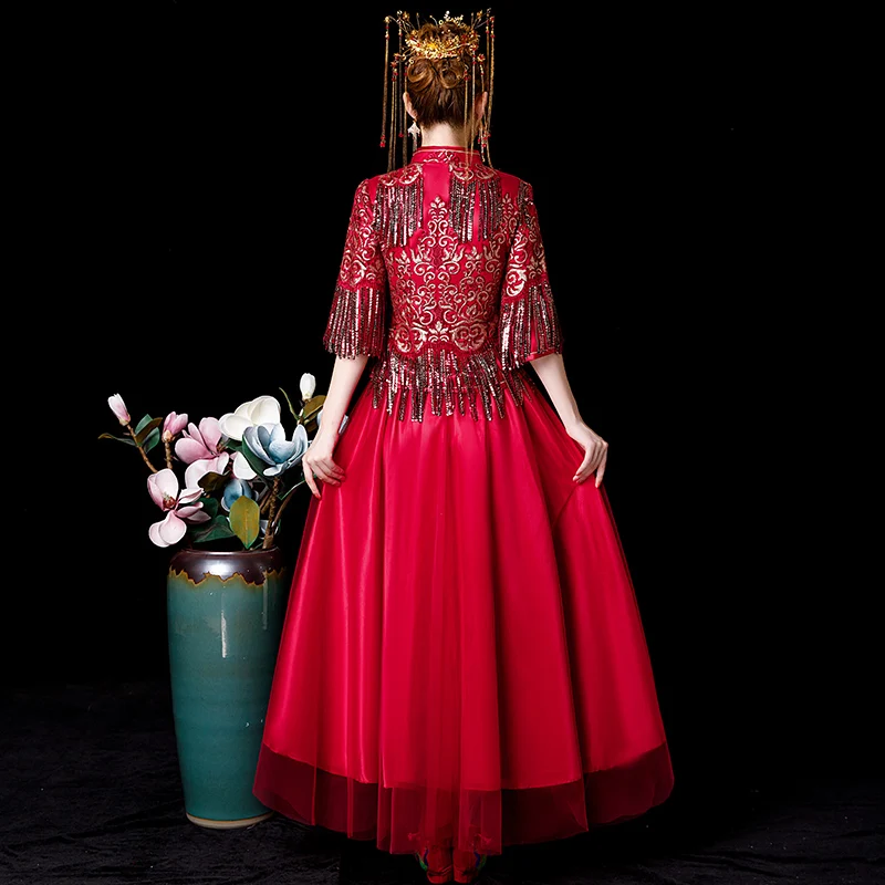 Красное китайское свадебное платье Cheongsam с цветочным узором, традиционное Стильное женское Сетчатое вечернее платье с блестками, длинное платье Qipao, одежда S-4XL