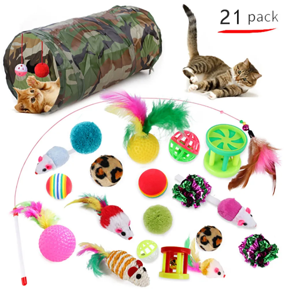 Oziral Cat Toys Set 32 PCS Kitten Toys Assortments Including 2 Way Tunnel Cat Feather Teaser Wand Sisal Mice Bell Balls Crinkle Balls Interactive Cat Toys for Indoor Cats Kitten 