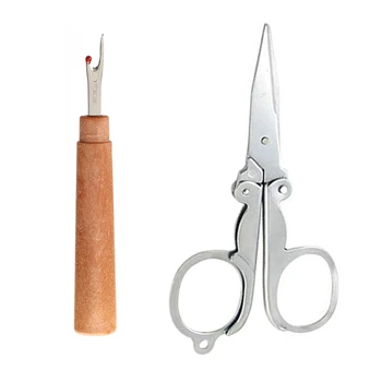 

1pcs Art Crafts Portable Metal Pocket Foldable Scissors & 1pcs Brown Seam Ripper with Plastic Handle