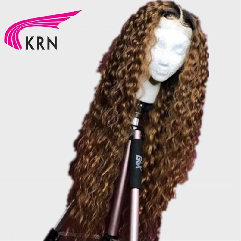 KRN 13x6 Синтетические волосы на кружеве парик 1b/27, несекущиеся бразильские вьющиеся волосы Remy Предварительно Синтетические волосы на кружеве человеческих волос парики с детскими волосами