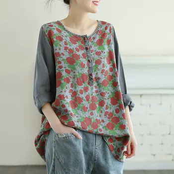 

Large size T-shirt 2020 Retro Women Autumn All-match Denim Tops New O-Neck Print Long-sleeved Casual Ladies Pullovers T-shirt