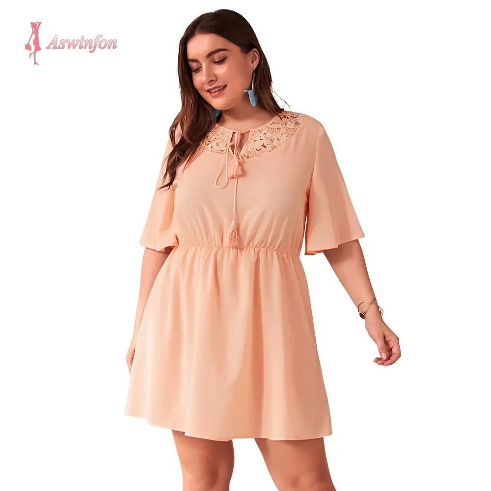 

Aswinfon Plus Size Summer Mini Dress Women Large Size dresses Round Neck A-line Midi Short Polyester Dress Sundress Ladies