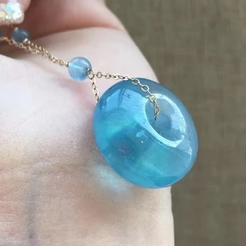 

Certificate Natural Aquamarine Ocean Blue Ice Pendant Women Love Donut 21.8*21.8*10mm Gemstone Clear Necklace 14K Gold AAAAA