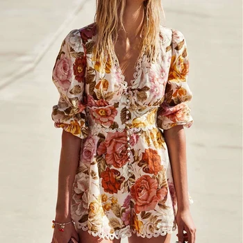 

Paris Girl Vintage Colored Broken Flower Lace Long Sleeve V-neck High Waist Jumpsuit Shorts