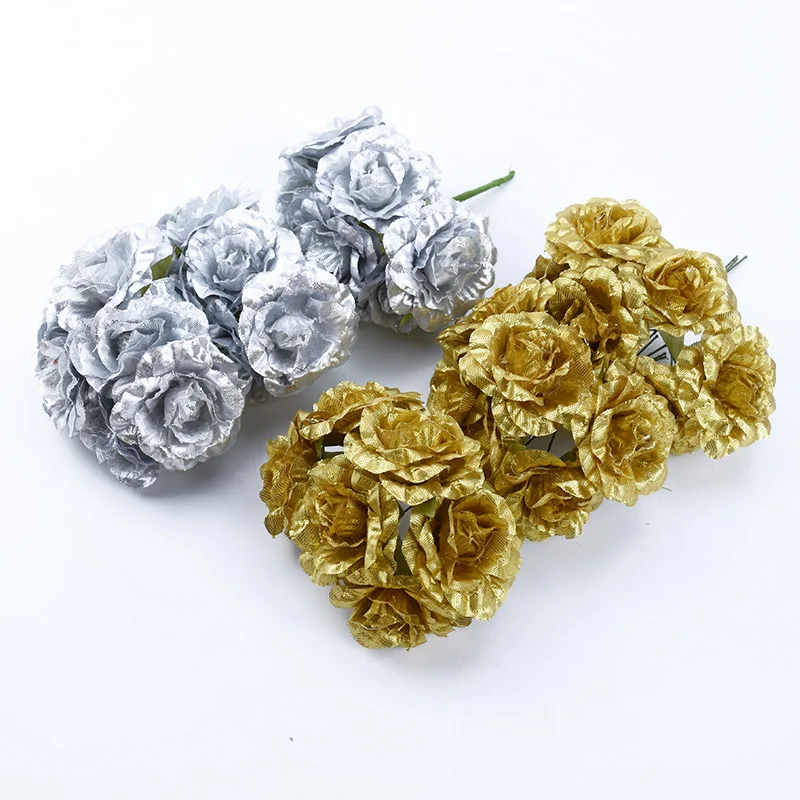 6pcs Artificial flower wholesale Gold silver a cap scrapbook Christmas home decor diy gifts box wedding decorative roses flowers