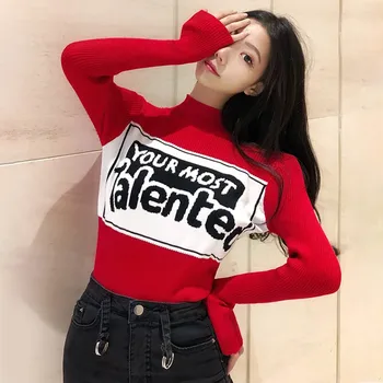 

Hot Retro Slim Swester Turtleneck Ladies Letter Print Knitwear Long-sleeved Autumn Winter Warm Jumper Pullover Pull Femme