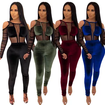 

Mesh Splicing Golden Fleece Sexy Long Sleeve Strapless Shoulder Romper Women Multi Colors S-xxl Sizes Winter Jumpsuit Women