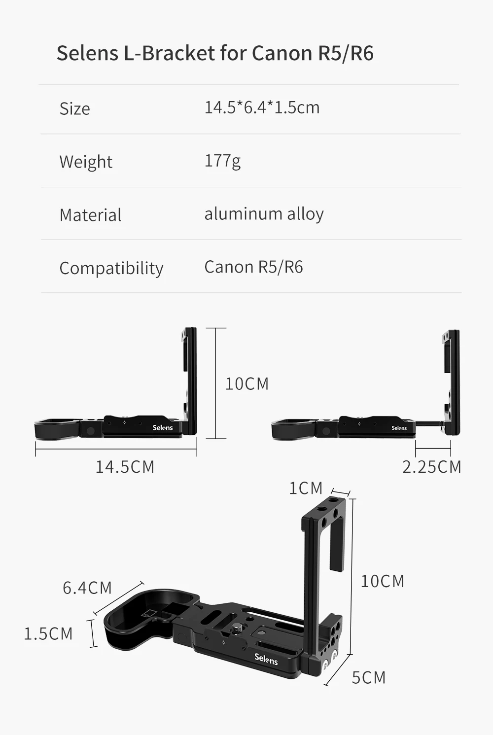 Selens Camera L-Bracket For Canon EOS R5 and R6 With Arca-Type 1/4" Accessory Th