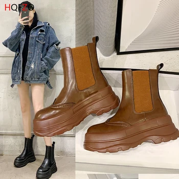 

HQFZO Women PU Leather Ankle Boots Autumn Platform Thick Bottom Elastic Slip On Botas Waterproof Retro Footwear Non-slip New