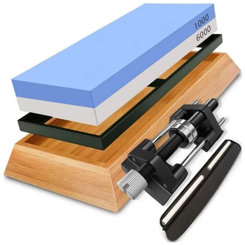 

Whetstone Knife Sharpening Stone Set High-Density 1000/6000 Dual-Grit with Honing Guide, Angle Tool and Bamboo Base