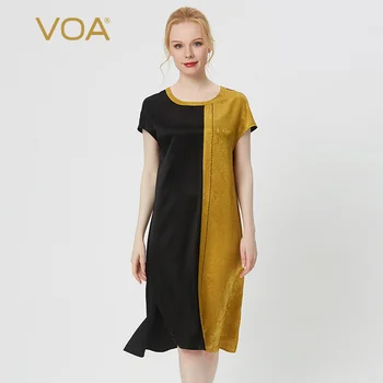 

VOA 19MM Black Silk Round Neck with Rotator Cuff Mix Material Stitching Arch Craft Asymmetric Hem Dress Clothes AE108