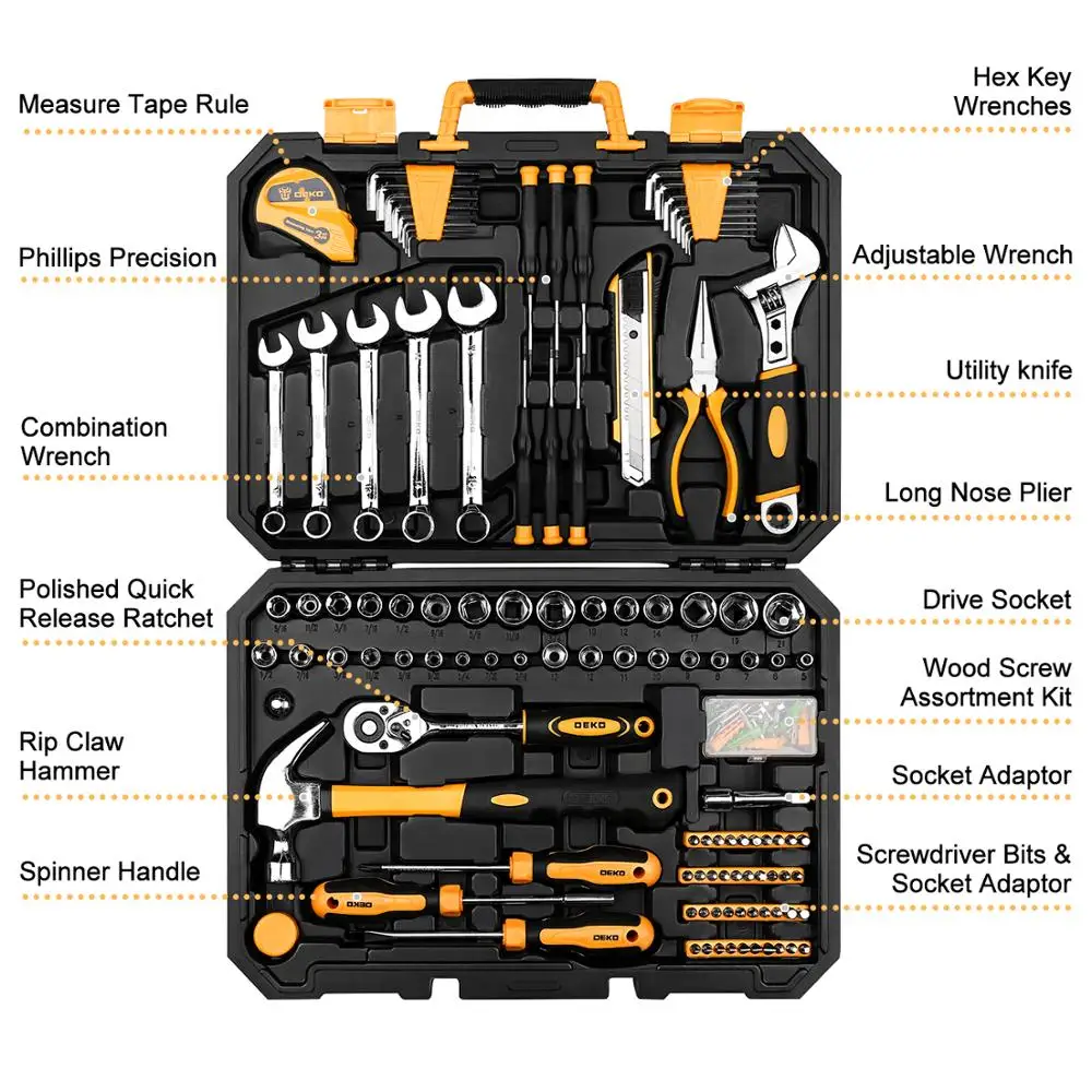 DEKO 192 Pcs Professional Car Repair Tool Set Auto Ratchet Spanner  Screwdriver Socket Mechanics Tools Kit W/ Blow-Molding Box