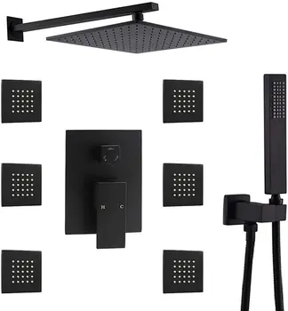 

Brass Shower System With 6 PCS Body Spray Mixer Set,Wall Mounted Shower Set,12 Inch Square Rainfall Shower Head,Black Finish