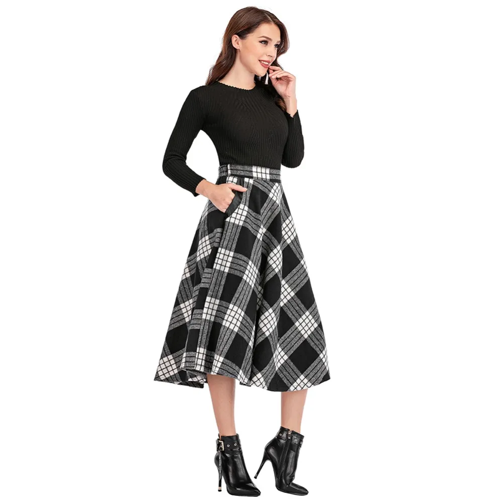 High Waist A Line Women Long Skirt Plus Size 4XL England Plaid Woolen Ladies Skirts Woolen Pleated Tartan Female Bottom