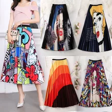 2021 New Summer Women's Dress, Elastic Waist Half Pleated Skirt, Printed Medium Length Large Swing A-line Punk Y2k Plus Size