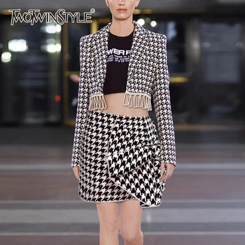 

TWOTWINSTYLE Patchwork Pearls Women's Two Piece Sets Lapel Collar Long Sleeve Short Coat High Waist Asymmetrical Suit Female New