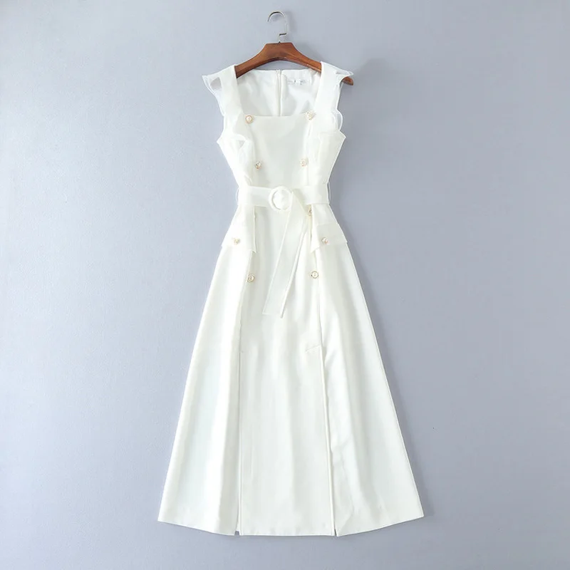 Квадратный воротник без рукавов платье женщины белого цвета двубортный стройное платье - Цвет: Бежевый