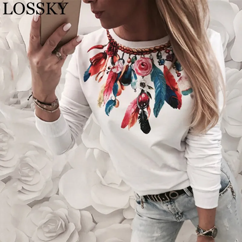 

LOSSKY Feather Print Long Sleeve T-Shirt Round Long Sleeve Casual Women Autumn Winter White T Shirt Fall Female Tshirt Tops Tee