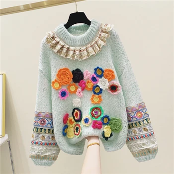 

Sweater Women 2020 New Spring Winter Heavy Embroidery Beaded Fairy Court Stereo Handmade Crochet Lace Panel Women's Sweaters Top