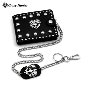 

Punk Studded Skull Biker Leather Wallet Mens ID Card/Momey Clip with chain