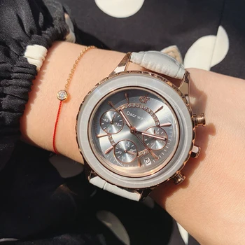 

Female Luxury Fashion Leather Watch Refraction Mirror Six-Pin Student Personality Calendar Watch Ladies Quartz Watches Gift