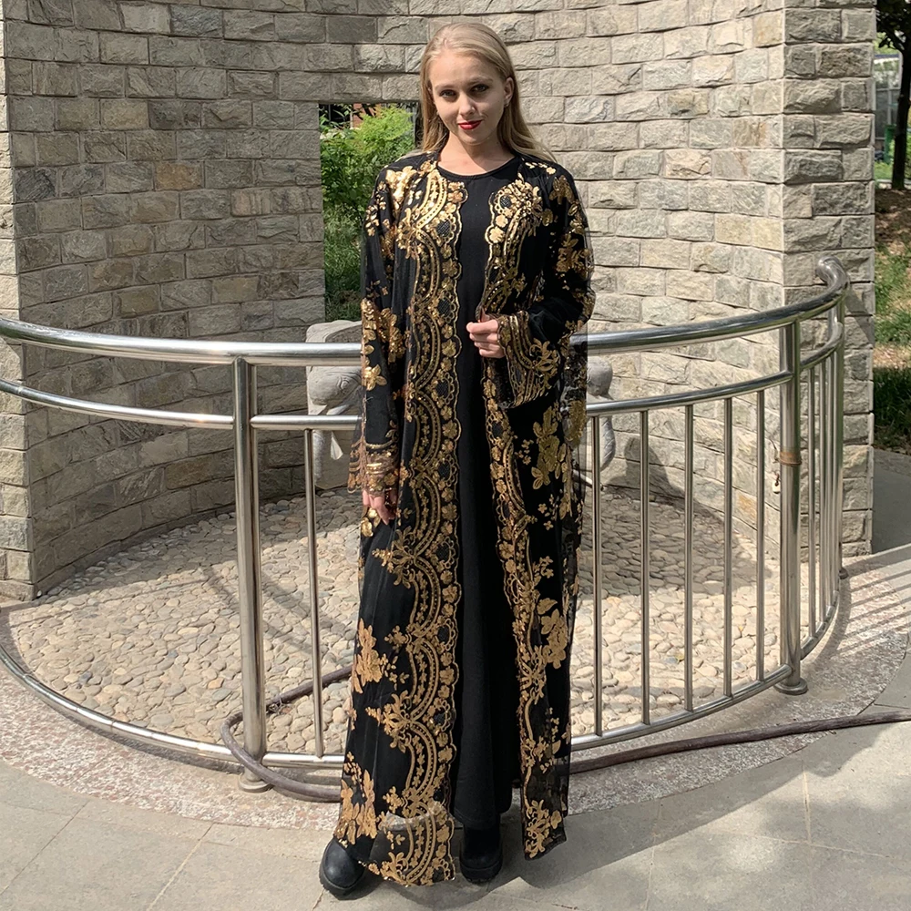Dubaï Front Open Abaya dentelle Kimono Cardigan Femmes musulmanes Robe Robe Maxi Caftan 